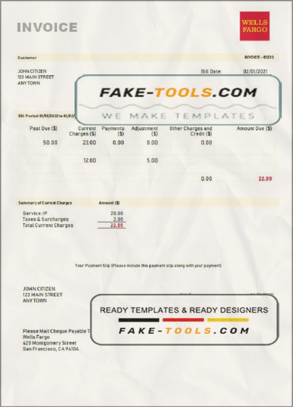 USA Wells Fargo invoice template in Word and PDF format, fully editabl scan effect