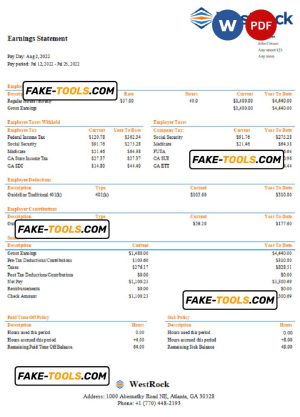 USA WestRock packaging company pay stub Word and PDF template