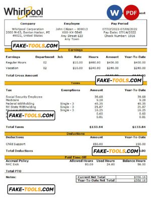 USA Whirlpool Corporation commercial company pay stub Word and PDF template