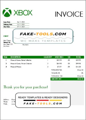 USA Xbox invoice template in Word and PDF format, fully editable
