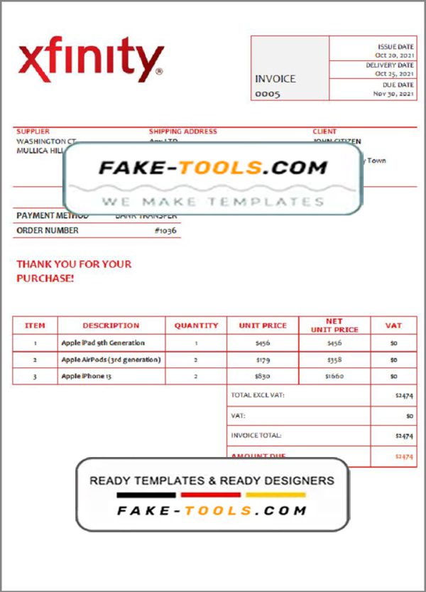 USA Xfinity invoice template in Word and PDF format, fully editable
