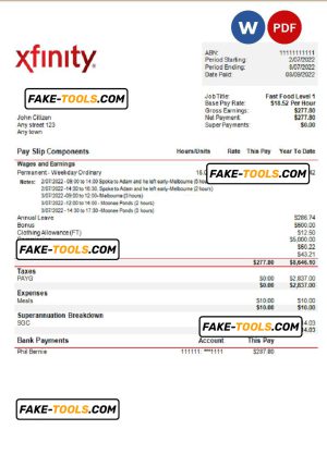 USA Xfinity broadasting company pay stub Word and PDF template