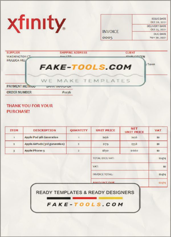 USA Xfinity invoice template in Word and PDF format, fully editable scan effect