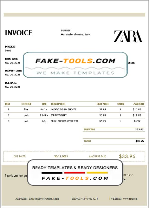 USA ZARA invoice template in Word and PDF (.doc and .pdf) format
