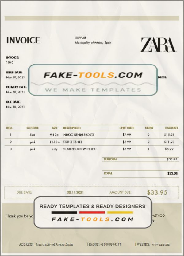 USA ZARA invoice template in Word and PDF (.doc and .pdf) format scan effect