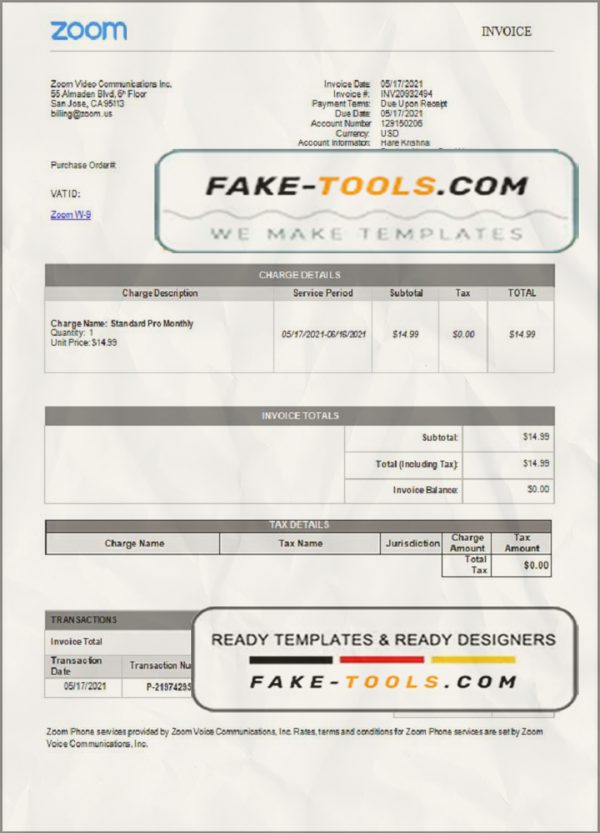 USA Zoom invoice template in Word and PDF (.doc and .pdf) format scan effect