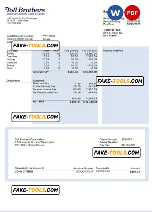 USA building company earning statement template in Word and PDF format