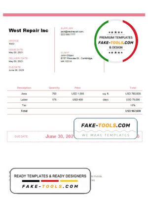 United Kingdom West Repair Inc invoice template in Word and PDF format, fully editable
