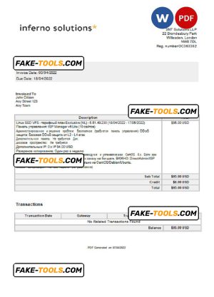 United Kingdom Inferno Solutions invoice Word and PDF template, fully editable