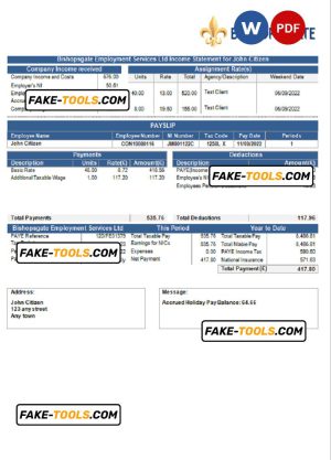 United Kingdom Bishopsgate payroll services company pay stub Word and PDF template