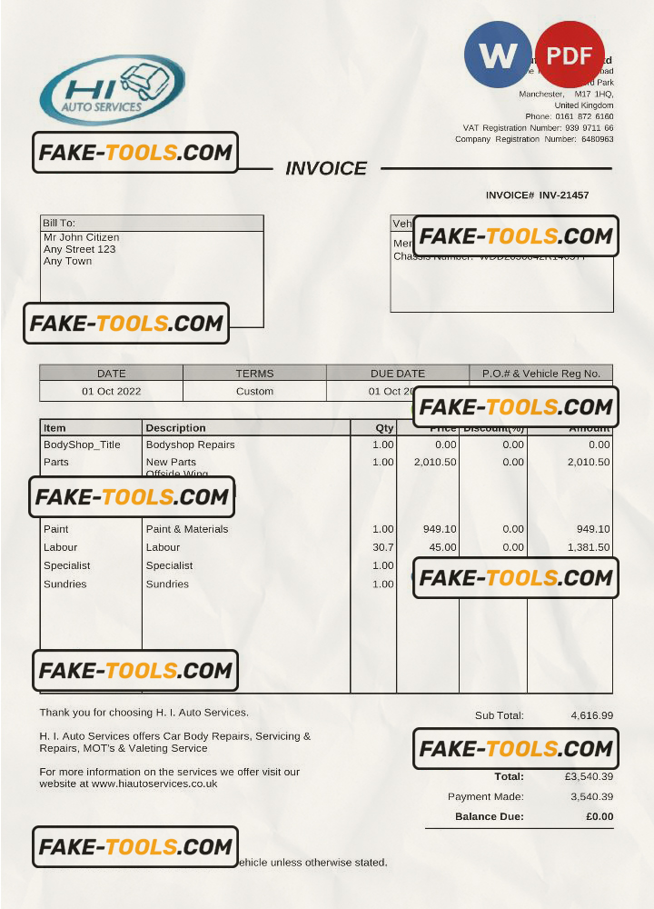 United Kingdom H I Auto Services Ltd invoice Word and PDF template, fully editable scan effect