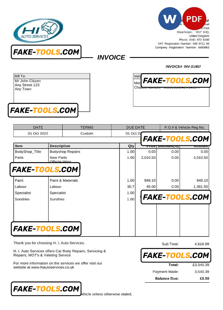 United Kingdom H I Auto Services Ltd invoice Word and PDF template, fully editable