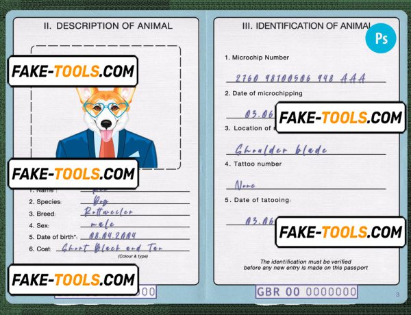 United Kingdom dog (animal, pet) passport PSD template, fully editable