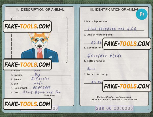 United Kingdom dog (animal, pet) passport PSD template, fully editable scan effect