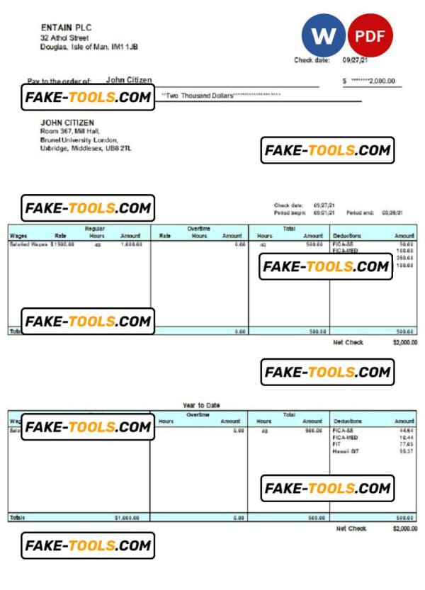 United Kingdom pay stub template in Word and PDF format, fully editable