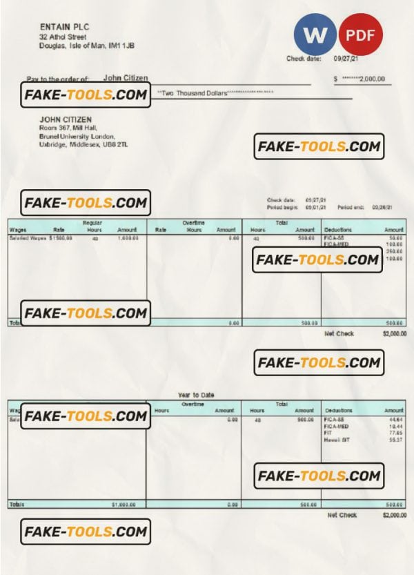 United Kingdom pay stub template in Word and PDF format, fully editable