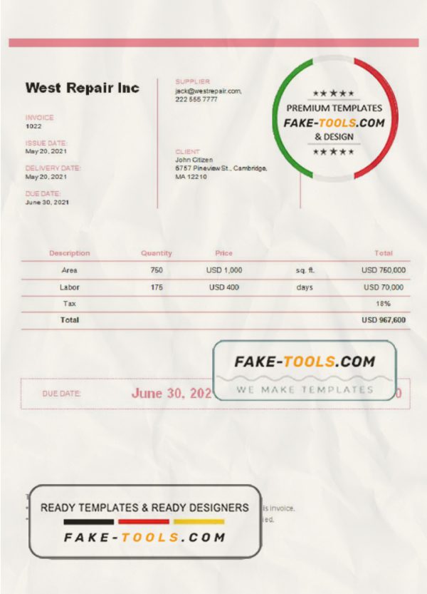 United Kingdom West Repair Inc invoice template in Word and PDF format, fully editable scan effect