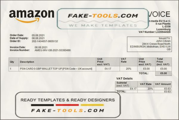United Kingdom Amazon American multinational technology company invoice template in Word and PDF format, fully editable scan effect