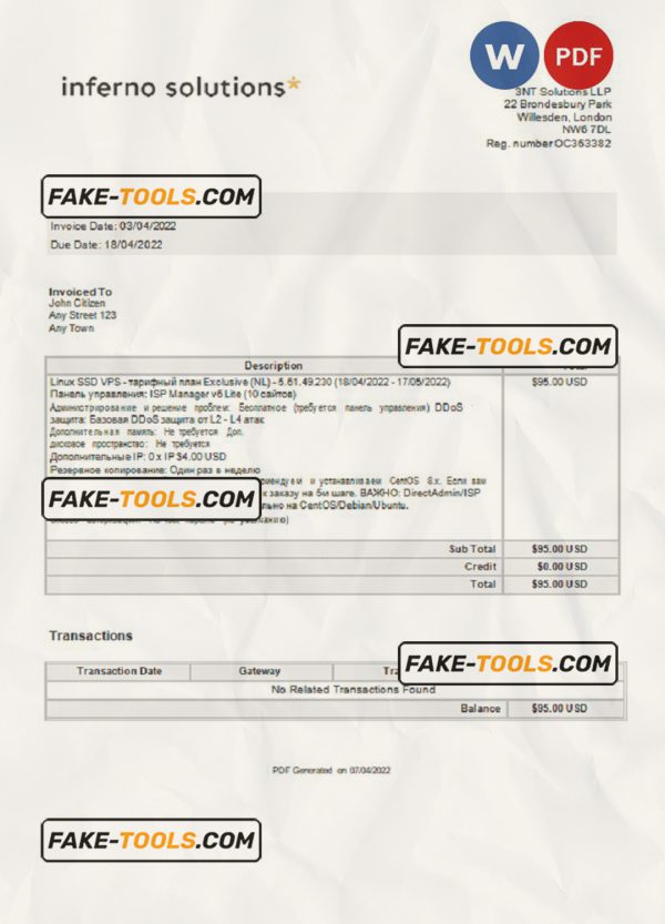 United Kingdom Inferno Solutions invoice Word and PDF template, fully editable scan effect