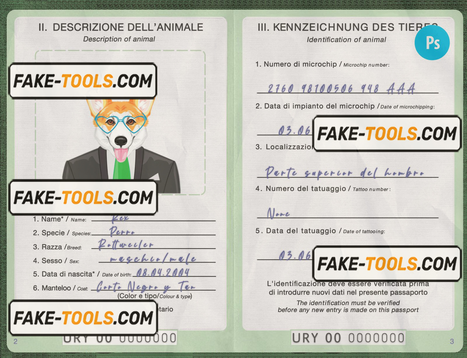 Uruguay dog (animal, pet) passport PSD template, completely editable scan effect