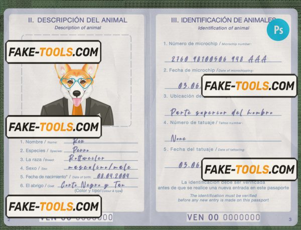Venezuela dog (animal, pet) passport PSD template, fully editable scan effect