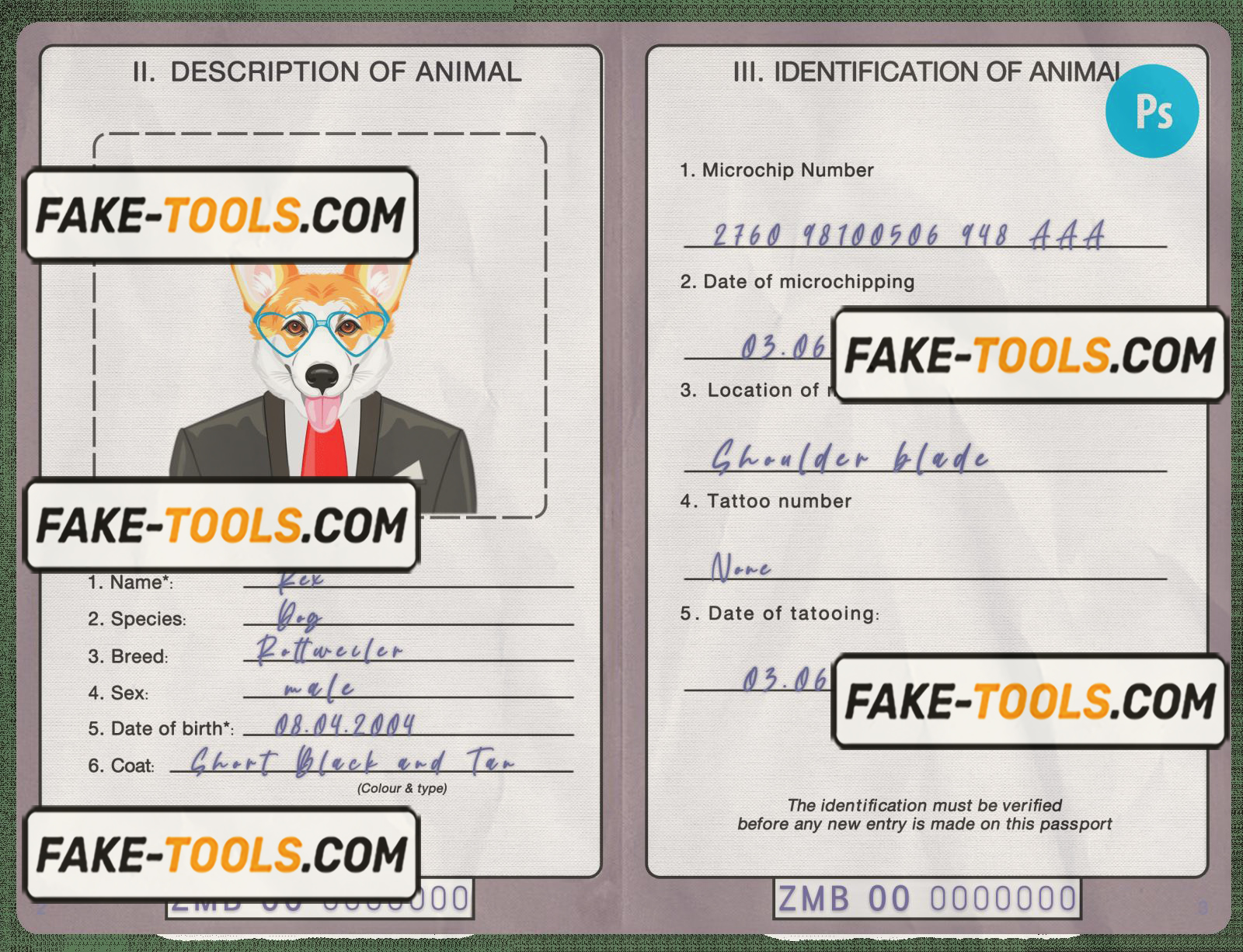 Zambia dog (animal, pet) passport PSD template, fully editable scan effect