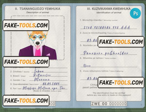 Zimbabwe dog (animal, pet) passport PSD template, completely editable scan effect