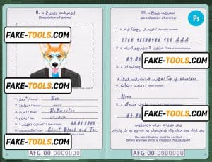 Afghanistan dog (animal, pet) passport PSD template, fully editable