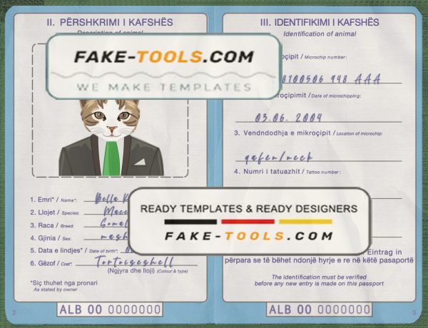 Albania cat (animal, pet) passport PSD template, completely editable scan effect