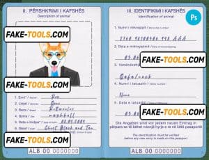 Albania dog (animal, pet) passport PSD template, completely editable
