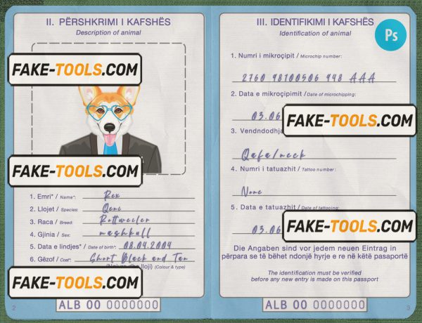 Albania dog (animal, pet) passport PSD template, completely editable scan effect