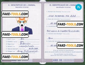 Andorra dog (animal, pet) passport PSD template, fully editable