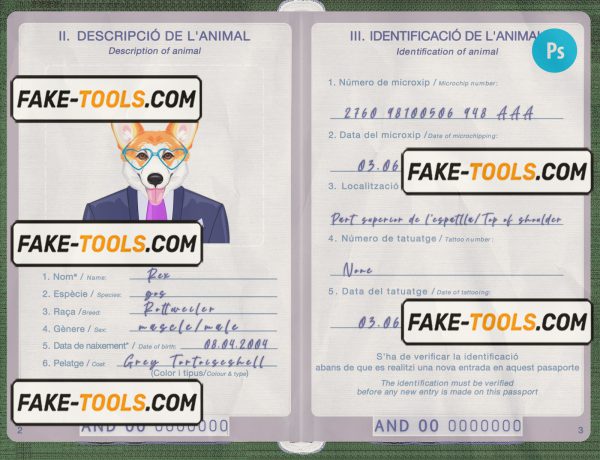 Andorra dog (animal, pet) passport PSD template, fully editable scan effect