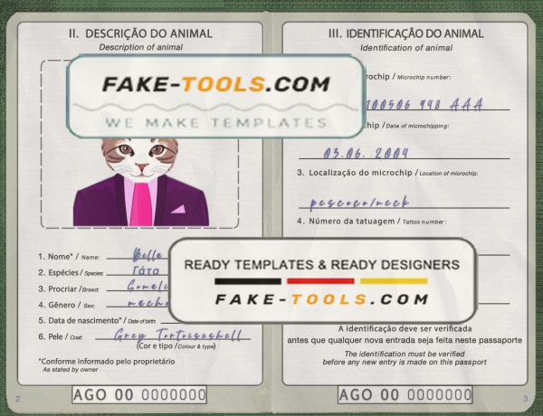 Angola cat (animal, pet) passport PSD template, fully editable scan effect