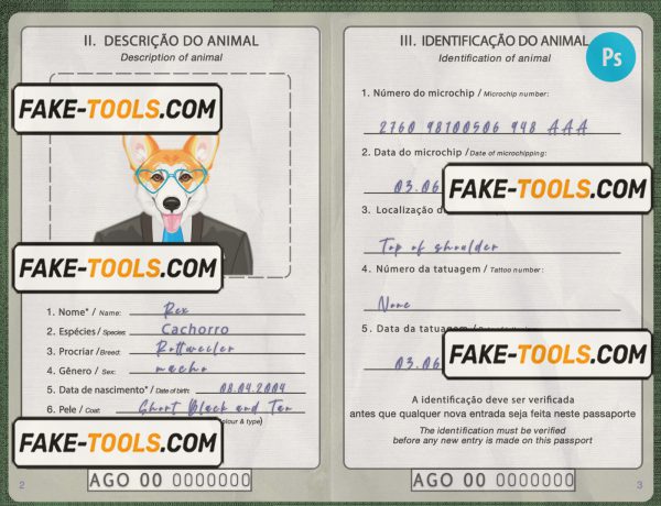 Angola dog (animal, pet) passport PSD template, fully editable scan effect