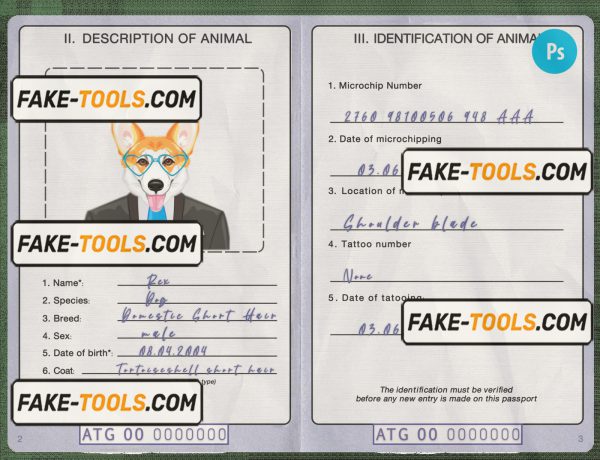 Antigua and Barbuda dog (animal, pet) passport PSD template scan effect