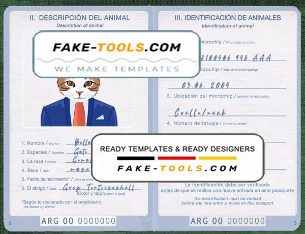 Argentina cat (animal, pet) passport PSD template, fully editable