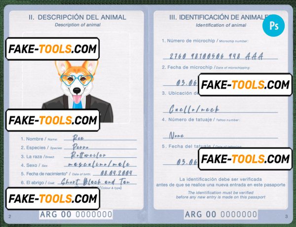 Argentina dog (animal, pet) passport PSD template, fully editable