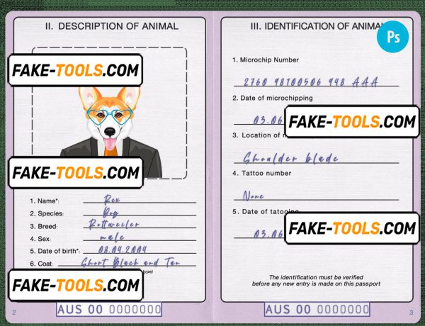 Australia dog (animal, pet) passport PSD template, fully editable