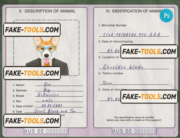 Australia dog (animal, pet) passport PSD template, fully editable scan effect