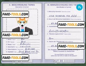 Austria dog (animal, pet) passport PSD template, fully editable
