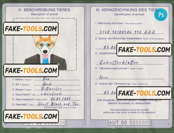 Austria dog (animal, pet) passport PSD template, fully editable scan effect