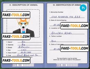 Bahamas dog (animal, pet) passport PSD template, fully editable