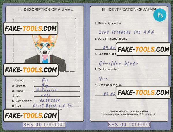 Bahamas dog (animal, pet) passport PSD template, fully editable scan effect
