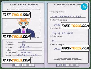Barbados dog (animal, pet) passport PSD template, fully editable