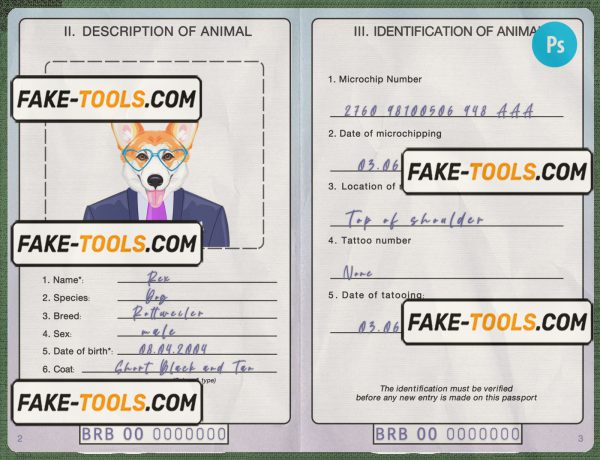 Barbados dog (animal, pet) passport PSD template, fully editable scan effect