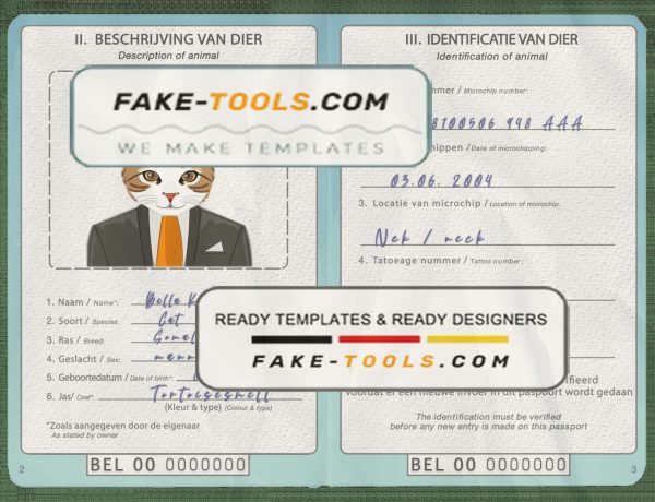 Belgium cat (animal, pet) passport PSD template, fully editable scan effect