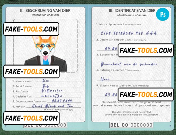 Belgium dog (animal, pet) passport PSD template, fully editable