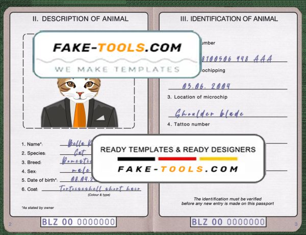 Belize cat (animal, pet) passport PSD template, fully editable