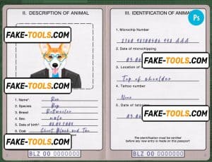 Belize dog (animal, pet) passport PSD template, completely editable